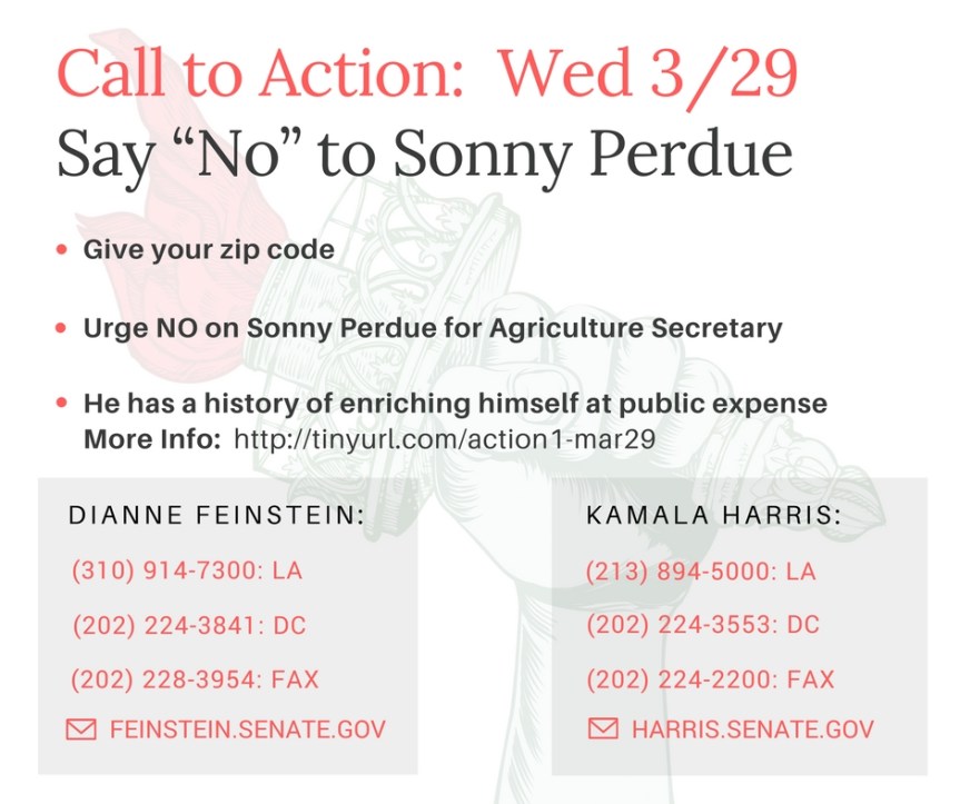 Vote NO on Sonny Perdue for Secretary of Agriculture. Whoa. This guy has quite a background. (2 of 3&nbsp;today)