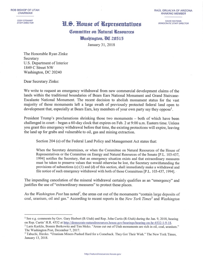 Letter to Secretary Zinke Requesting Withdrawal of Bears Ears National Monument Area
