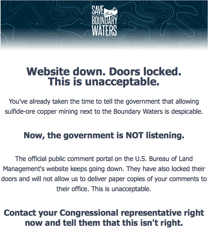 Wed – 1/23: Update on the giveaway of pristine public land to a foreign copper mining company with a bad rep.! Site is up again and deadline extended to Jan.&nbsp;30th!