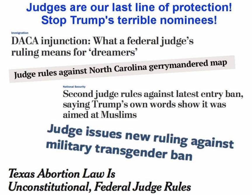 Thur – 2/7: Trump is tired of being stopped by judges. So he’s destroying our courts, one nominee at a time.&nbsp;CALL!